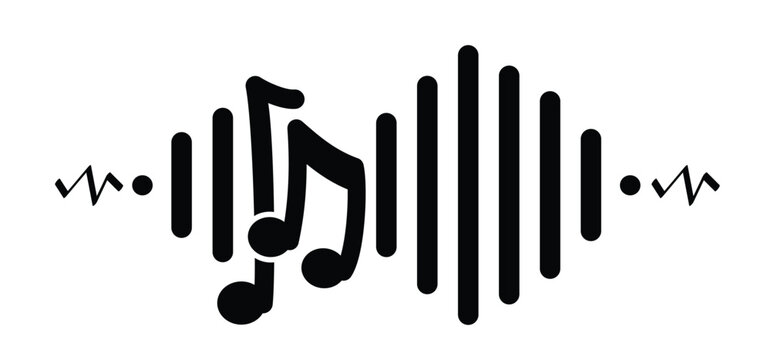 Musical notes surrounded by a rhythmic pattern of sound bars. Classical music notation and digital audio waveform. Musical notes stave. for staff and music key note theme. Treble, voice, wave.