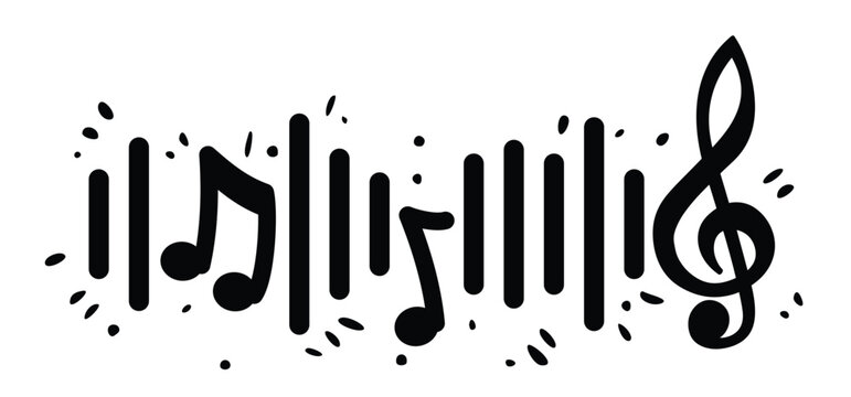 Musical notes surrounded by a rhythmic pattern of sound bars. Classical music notation and digital audio waveform. Musical notes stave. for staff and music key note theme. Treble, voice, wave.
