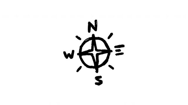 Compass For Navigation And Direction Finding Wiggle Doodle Animation With Alpha Channel. Compass Rose And Travel Wayfinding, Transparent Background. 4K Loop Hand Drawn Icon.