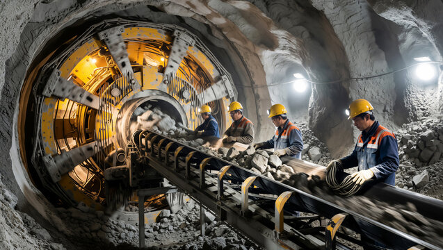 Industrial tunnel construction project with engineers. Tunnel boring machine excavating rock with heavy machinery in a deep underground mine site
