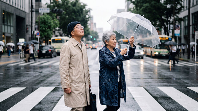 Seniors crossing city street in summer rain