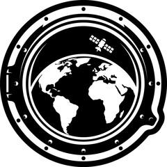 Earth view from space station porthole window with satellite orbit © RABEYA