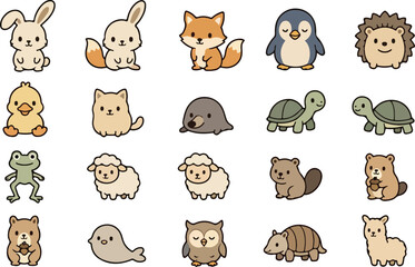 Naklejka premium Cute Kawaii Animal Character Set with Rabbit, Fox, Penguin, Hedgehog, Owl, Frog, Sheep and Turtle Cartoon Illustration