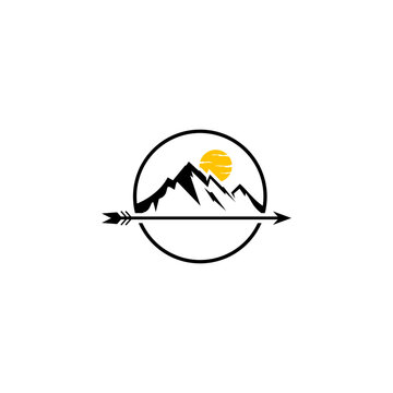 Modern outdoor logo design featuring minimalist mountain peaks, a rising sun, and a horizontal arrow enclosed in a circular frame. Perfect for adventure, camping, hiking, and outdoor gear brands. 