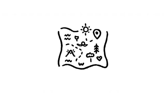Treasure Map For Navigation And Adventure Planning Doodle Animation. Explorer Map And Travel Route Guide. 4K Video Loopable Overlay Element. Hand-Drawn Animated Icon With Alpha Channel.