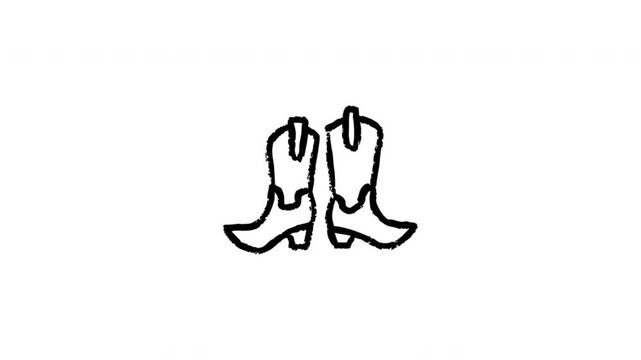 Cowboy Boots For Western Wear And Country Fashion Hand Drawn Doodle Animation. Rodeo Footwear And Frontier Style. Western Clothing Symbol. 4K Loop With Alpha Channel.