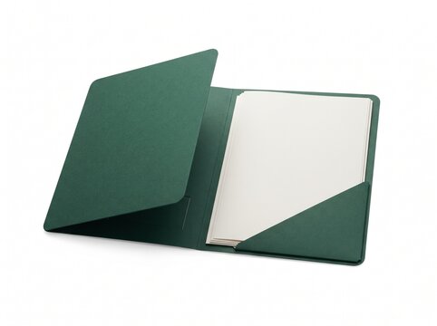 Open dark green document folder mockup with blank papers and pocket on white background