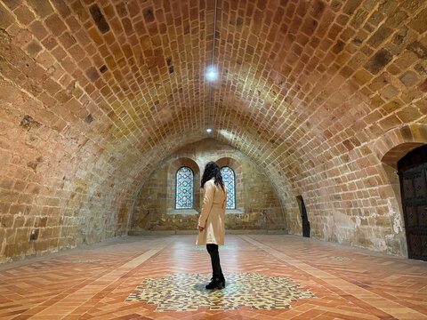 Brick vault over an empty hall at Fontfroide Abbey near Narbonne, France