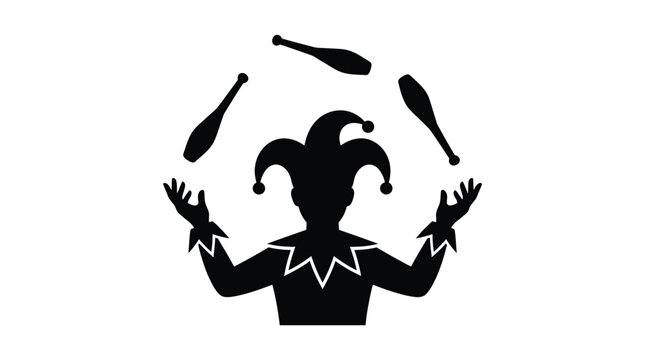 Jester silhouette juggling clubs, medieval court fool entertainer icon, circus performer mascot vector illustration isolated on White Background