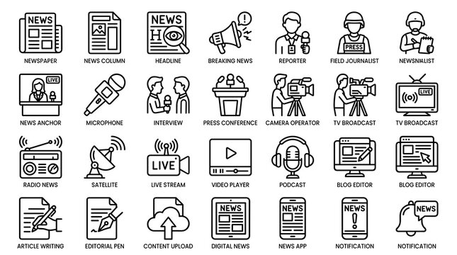 50 Professional Mass Media Line Icons Featuring Journalism News Reporting Propaganda Fact Checking Digital Publishing and Live Streaming