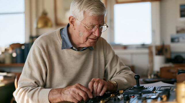 an elderly man comparing two vintage flight simulator joystick configurations side by side, a smudge of oil on his cheek from earlier calibration, harsh midday light flooding a
