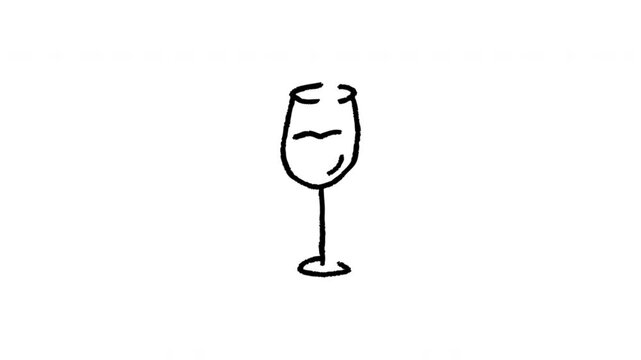 Wine Glass For Wine Tasting And Beverage Service Wiggle Doodle Animation With Alpha Channel. Stemware And Drink Pouring Symbol, Transparent Background. 4K Loop Hand Drawn Icon.
