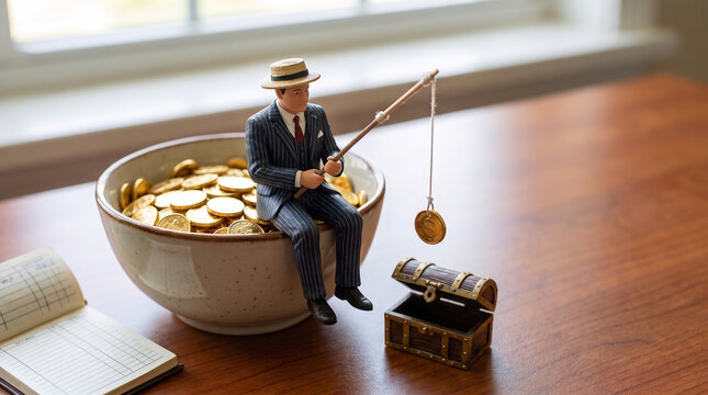 Miniature man in suit and hat fishing from bowl of gold coins beside treasure chest on wooden desk, passive income and earning money concept