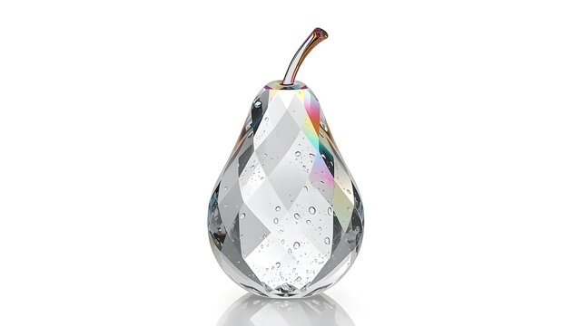Photorealistic translucent crystal pear with tiny water droplets, refracted rainbow highlights, premium luxury product render, single centered object, isolated on true transparent background, clean ed