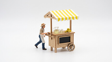 Miniature vendor pushing lemonade cart with striped awning on gray background, street vendor and small business startup concept © Big Treasure