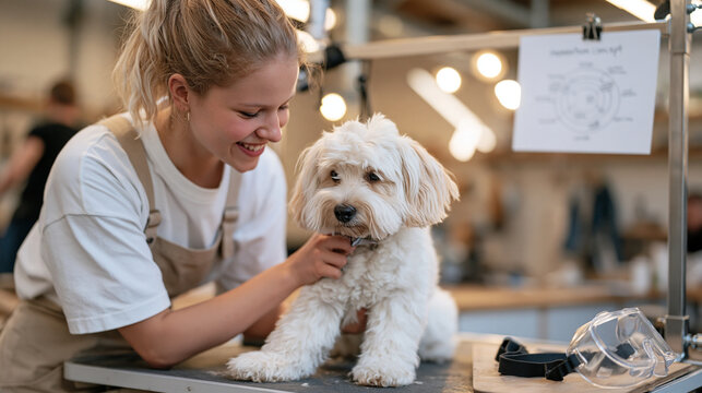 A dog groomer patiently teaching a nervous newcomer the correct scissor angle near a pair of safety goggles resting on the shelf, the warmly lit salon showing a momentum concept