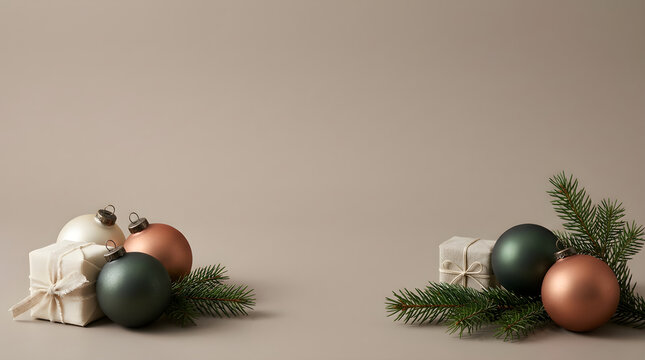 minimalist neutral christmas decorations with matte ornaments and small fabric gifts