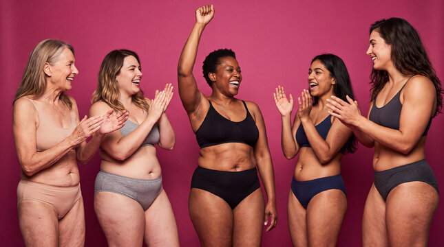 Body Diverse Women Cheering Against Magenta Background