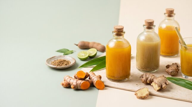 Traditional jamu herbal drink in glass bottles with turmeric and
