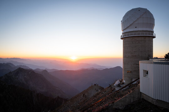 Pic du Midi de Bigorre observatory at the moment of sunset, perched at 2877 metres in the Pyrenees, France