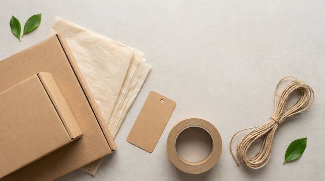 Eco friendly packaging materials with cardboard boxes, brown paper, and twine string for sustainable shipping and e-commerce branding