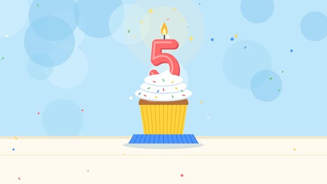Animated birthday cupcake with number 5 candle for five year old kids celebration and falling confetti on light blue background. 4k video