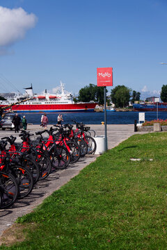 Bike-sharing station for red MEVO shared bicycles and electric bikes manufactured by Segway, convenient and sustainable urban transportation on July 24, 2026 in Sopot, Poland.