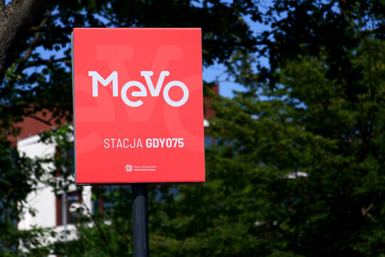 Bike-sharing station for red MEVO shared bicycles and electric bikes manufactured by Segway, convenient and sustainable urban transportation on July 24, 2026 in Sopot, Poland.