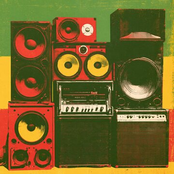 Vintage reggae sound system speakers stacked against a colorful textured background