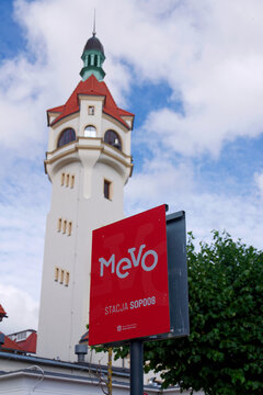 Bike-sharing station for red MEVO shared bicycles and electric bikes manufactured by Segway, convenient and sustainable urban transportation on July 23, 2026 in Gdynia, Poland.