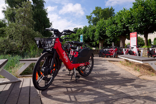Bike-sharing station for red MEVO shared bicycles and electric bikes manufactured by Segway, convenient and sustainable urban transportation on July 23, 2026 in Gdynia, Poland.