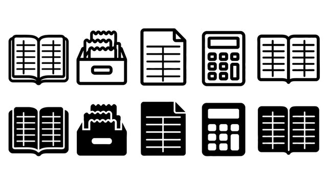 Bookkeeping paired outline and solid icon set featuring bookkeeping, ledger, receipts, spreadsheet, calculator, books, accounting, finance, business and records symbols