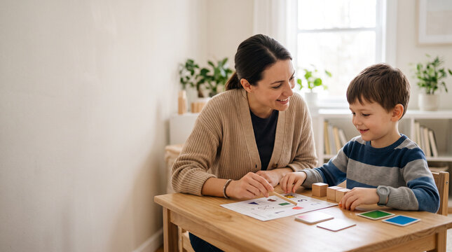 Autistic child learning with a private tutor at a desk, practicing educational activities in a supportive environment, with copy space.