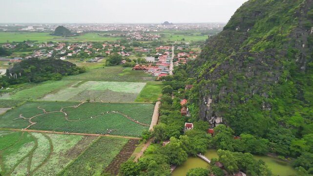 Panoramic aerial view of Tam Coc mountain landscape under
