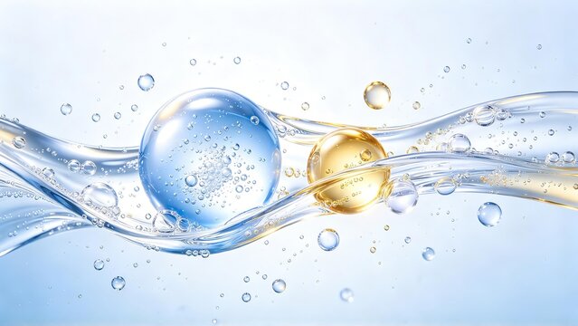 Transparent blue and golden spheres with small bubbles floating in flowing clear water with oil wave on light background, cosmetic beauty and skincare hydration concept