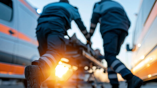 Two emergency responders carrying an injured patient on a stretcher toward an ambulance, urgent medical transport, paramedic teamwork, trauma care, emergency services, lifesaving