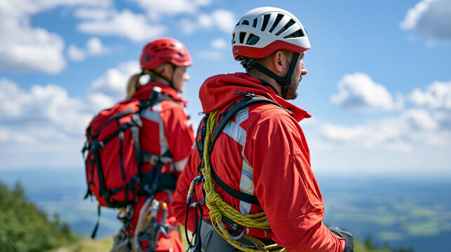 Two emergency medical responders preparing for helicopter evacuation while wearing safety harnesses and climbing equipment, air ambulance, mountain rescue, emergency transport,