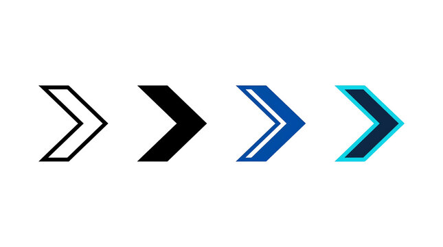 Collection of stylized chevron arrow icons featuring outline, solid, and dualtone blue graphic variations isolated on transparent background
