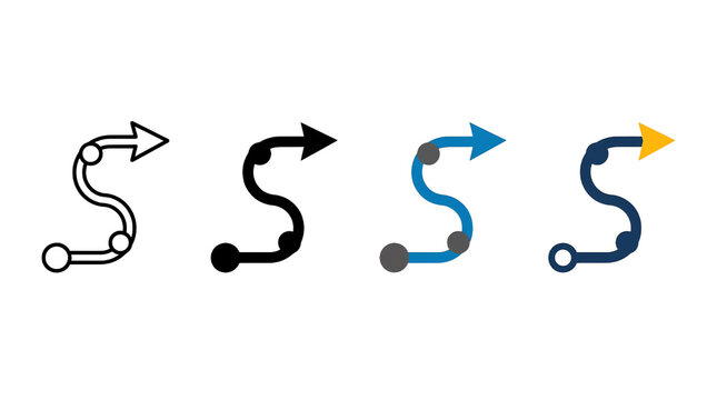 Set of four different styles of path arrow icons, vector illustration design elements for navigation and flowcharts isolated on transparent background