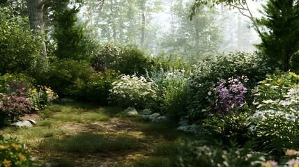 Naklejka premium A serene garden path winds through lush greenery and colorful flowering plants under soft morning light