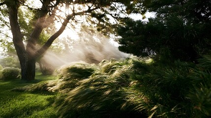 Naklejka premium Sunlight filters through trees and grasses in a misty garden with motion blur from wind and soft natural lighting