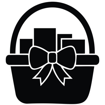 Gift basket silhouette icon with presents and decorative bow isolated on white background.