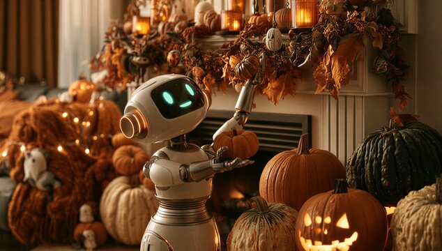 A cute robot holding a small pumpkin in a festive autumn scene with pumpkins and fall decorations
