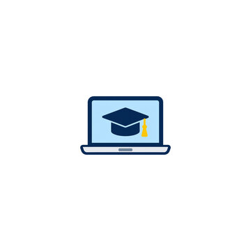 Online learning icon with laptop and graduation cap