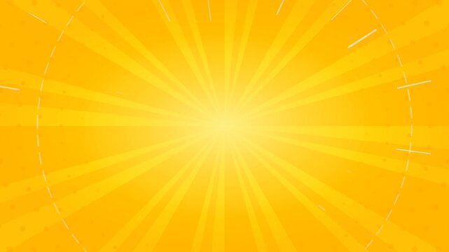 Animated bright yellow sunburst background with radiating rays and dashed circle lines for retro cartoon and comic style. 4k video