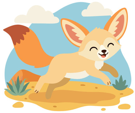 Cute happy fennec fox running and playing in the desert