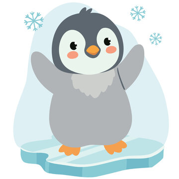 Cute little penguin standing on ice floe with open wings and snowflakes