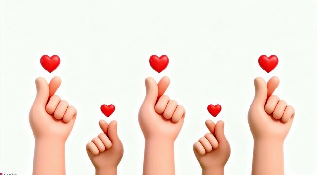 3D cartoon style big and small human hands making finger heart gesture with floating small red hearts on plain white background