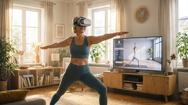 Senior Woman Using VR Headset for Yoga Exercise at Home