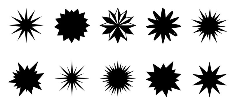 Collection of ten different black starburst and jagged cir set with simple line art design featuring simple design, minimalist, black and white with illustrations and graphics